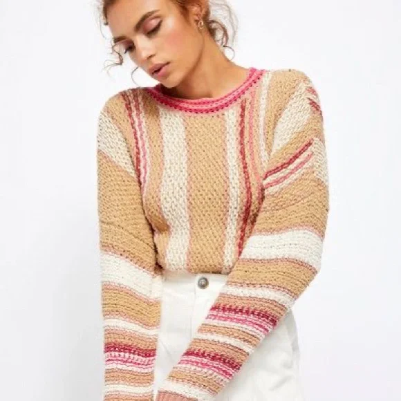 Free People Boho Show Me Love Chunky Knit Cropped Dolman Sleeve Striped Sweater - Picture 1 of 14